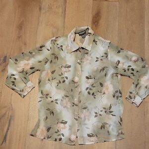 Notations Green Floral Button Up Blouse Size large